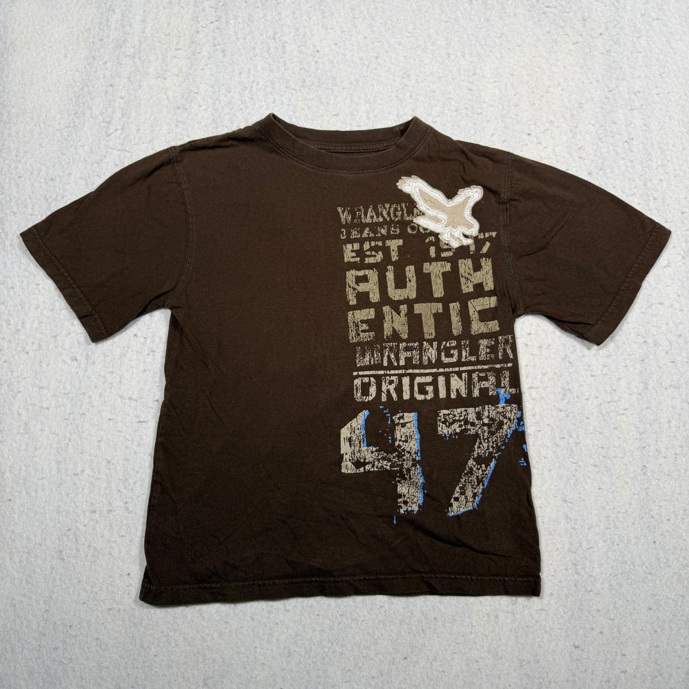 Wrangler Jeans Co Boys Brown Graphic Shirt Eagle Patch Size S 6/7 Distressed 47
